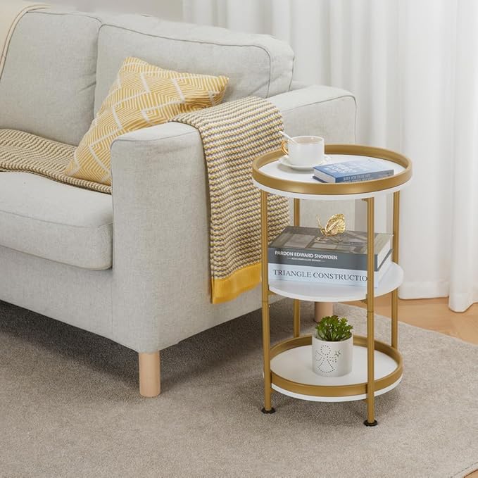 Dulcii Round Side Table with Storage Tray for Living Room, 15" L x 15" W x 24" H Bedroom Nightstand 3 Tiers Bedside Table with Steel Frame for Small Spaces (White & Gold)