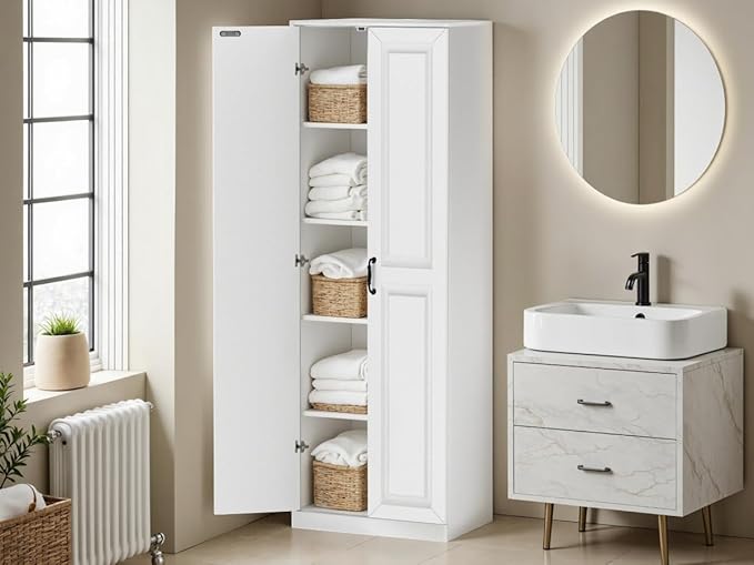 Storage Cabinet/Pantry cabinets, Soft White Finish, 71" Tall Wood Cupboard with 2 Door and 3 Adjustable Shelves for Kitchen, Dining Room, Living Room, Bathroom (Style 1)