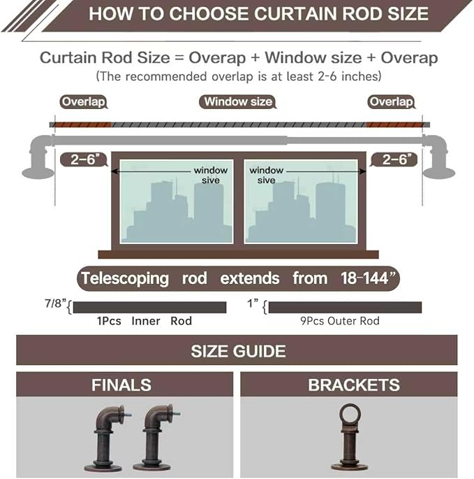 Bronze Curtain Rods 18 to 144 Inch, Industrial Curtain Rods,Adjustable Length,1 in Diameter Pipe,Wall or Ceiling Mounted,for Bedroom and Living Room(Antique Red Bronze 18” to 144”)
