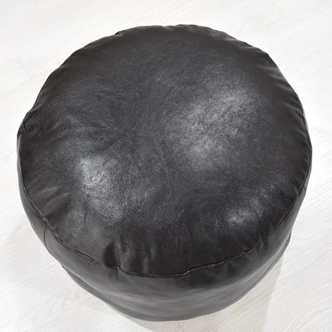 PF12 Round Shaped Goat Leather Handmade Eco-Friendly Chocolate Brown Pouf - 21" x 21" x 12", Plain Solid, Recycled Cotton Filled