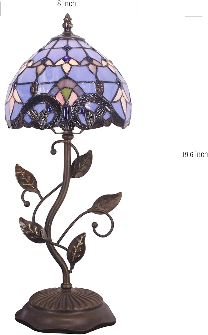 Small Tiffany Lamp Stained Glass Table Lamp Metal Leaf Accent Desk Memory Lamp Sympathy 8X20 Inch (Blue Baroque Style)