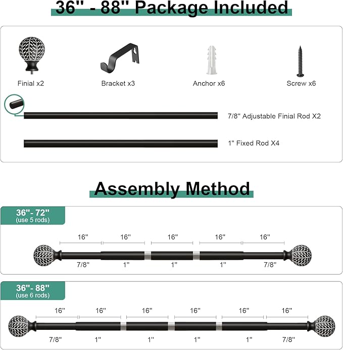 Black Curtain Rods for Windows 48 to 84 Inch,1'' Diameter Drapery Rods with Leaf Pattern Finials,Decorative Adjustable Heavy Duty Curtain Rods Set,36-88''