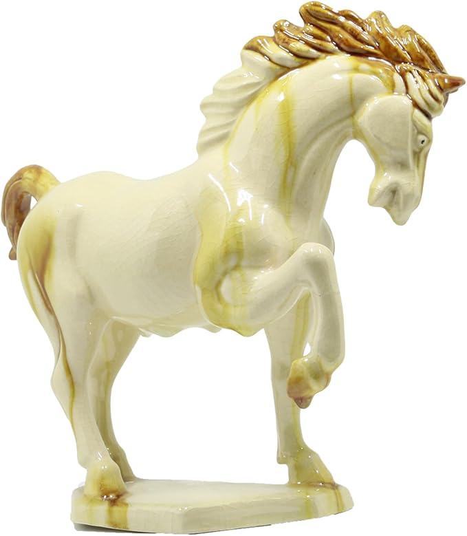 Ceramic Horse Sculpture -8 inch Hand Made -Tang Tri-Color Cultural Art Piece,Museum Collection Inspired Home and Office Decor (Ivory)