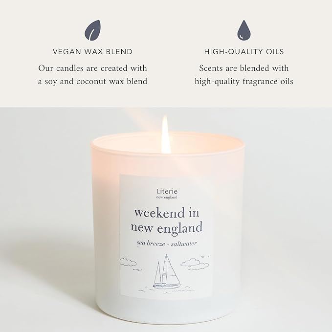 Literie NYC Inspired Scented Candle: Weekend in New England - Sea Breeze & Saltwater Scent, 9oz, 50 Hour Burn, Vegan Soy & Coconut Blend Candle for Home Decor, Gift for Women & Men