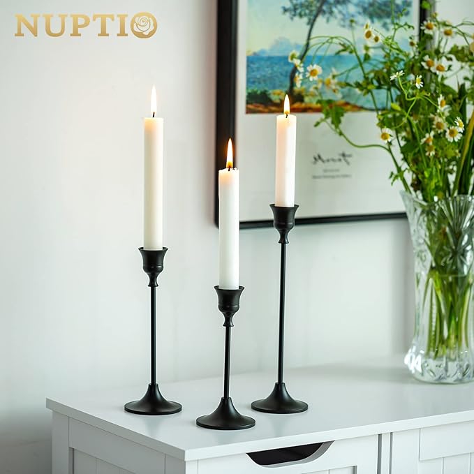 Nuptio Black Candle Holder Candlestick Holders Candle Sticks Holder Tapered Candle Holder Gothic Taper Candle Holders for Halloween Christmas Party Mantel Dinner Home Decoration 2 Sets(6 Pcs)