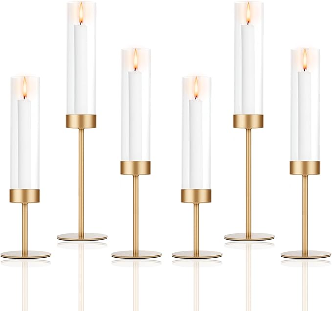 Gold Candle Holders Set of 6 for Glass Taper Candle Holders,Hurricane Candlestick Holder for Wedding, Dinning, Party Decorative, Home Decor, Anniversary，6 Brass