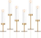 Gold Candle Holders Set of 6 for Glass Taper Candle Holders,Hurricane Candlestick Holder for Wedding, Dinning, Party Decorative, Home Decor, Anniversary，6 Brass