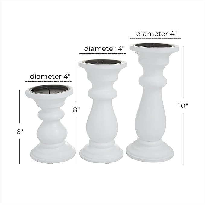 Deco 79 Mango Wood Turned Style Pillar Candle Holder, Set of 3 10", 8", 6"H, White