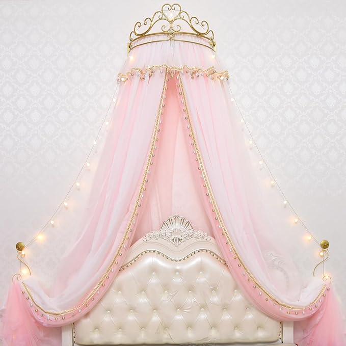 Girl Bed Curtain Princess Crown Mosquito Netting Children Room Decor Bedside Yarn Net Romantic Princess Tents Bed Canopy Valance (Light Pink)