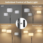 36W LED Arc Floor Lamp with 3 White Fabric Shades, 3000LM Super Bright Standing Lamp with Remote Control & Touch, Stepless Dimming, Individual Light Control for Living Room, Bedroom
