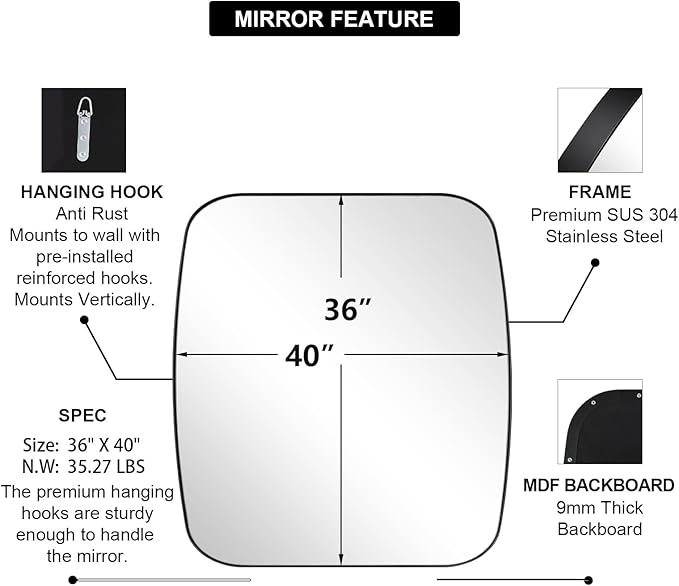 ANDY STAR Black Oblong Mirror, 36x40 Inch Black Oval Mirror for Bathroom with Stainless Steel Metal Frame, Wall Mouned for Bathroom, Living Room, Entryway