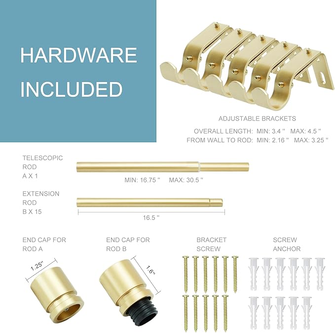 Curtain Rods for Windows 16 to 240 Inches Adjustable Length 1 Inch Diameter Window Curtain Rod with Aluminium Finials, Warm Gold