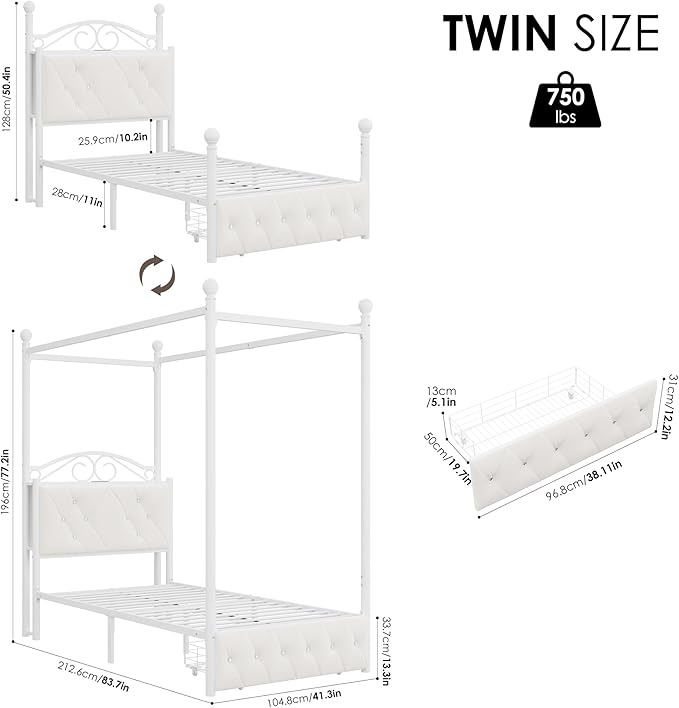 Keyluv Twin Upholstered Canopy Bed Frame with Drawer & Crystal Tufted Storage Headboard Metal Platform Bed with Charging Station & 4 Removable Posts No Box Spring Needed Curtain Not Included, Beige
