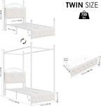 Keyluv Twin Upholstered Canopy Bed Frame with Drawer & Crystal Tufted Storage Headboard Metal Platform Bed with Charging Station & 4 Removable Posts No Box Spring Needed Curtain Not Included, Beige