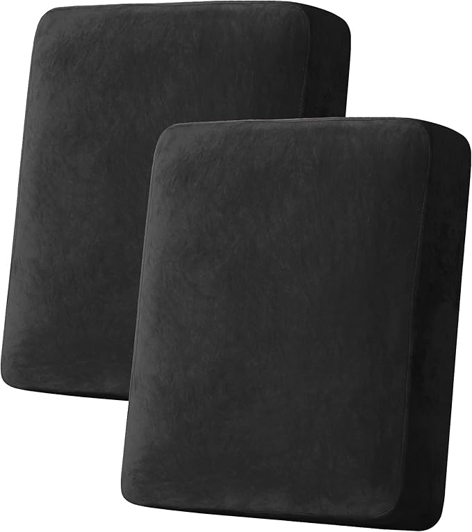 H.VERSAILTEX Velvet Stretch Couch Cushion Cover Plush Cushion Slipcover for Chair Loveseat Sofa Cushion Furniture Protector Seat Cushion Sofa Cover (2 Piece Medium Sofa Cushion Covers, Black)