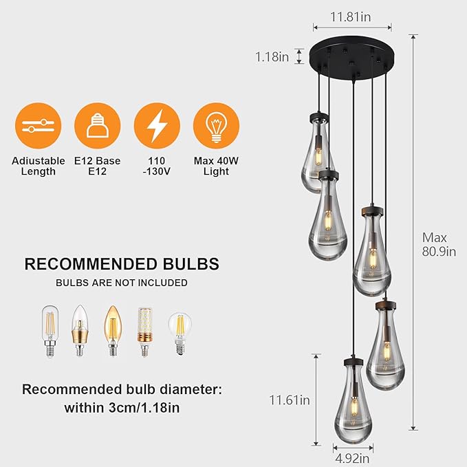 Raindrop Pendant Lights Kitchen Island Teardrop Black Hanging Light Fixtures Clear Solid Glass Pendant Light Modern Chandeliers for Dining Room Porch Corridor Living Room(5-Light)