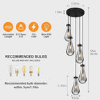 Raindrop Pendant Lights Kitchen Island Teardrop Black Hanging Light Fixtures Clear Solid Glass Pendant Light Modern Chandeliers for Dining Room Porch Corridor Living Room(5-Light)