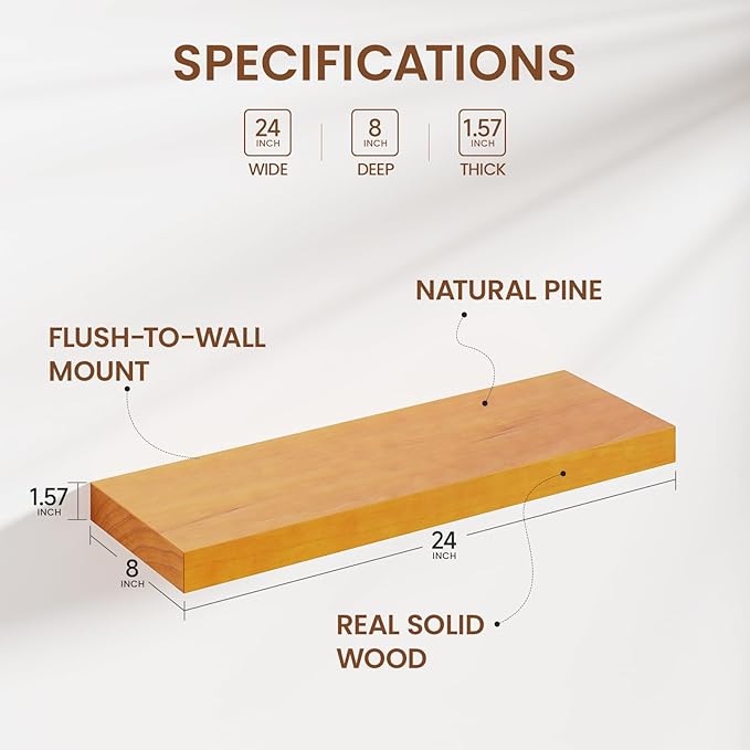 Heimlove 24 inch Floating Shelves for Wall,2 Packs Natural Pine Solid Wood Bathroom Shelf Over Toilet Decor and Storage 8 inches Deep for Kitchen Bedroom Office & Living Room Display Wall Decor