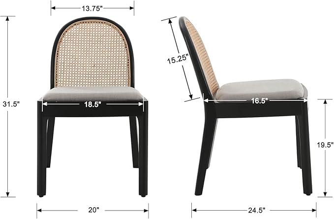 Mid Century Dining Chairs Set of 6, Accent Rattan Side Chairs Linen Fabric Kitchen Chair with Solid Wooden Legs for Living Room Dining Room, Grey