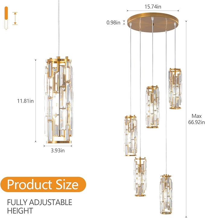 LMQNINE Pendant Light, Gold Modern Pendant Light Fixtures, Mini Crystal Chandeliers, Adjustable 5-Light Pendant Lighting for Kitchen Island Dinning Room Bedroom (Gold 5-Light)…