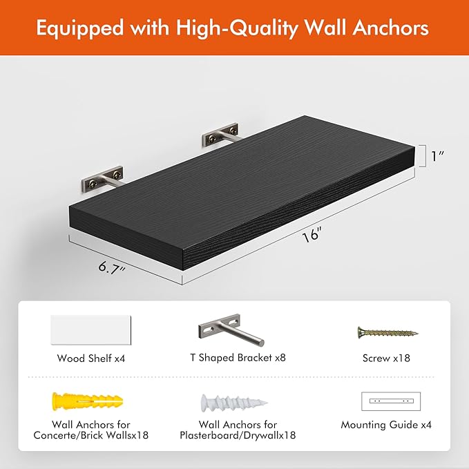 16’’Black Floating Shelves for Wall Set of 4,Rustic Wood Shelf for Room Decor/Storage/Display,Small Bookshelf,Wall Mounted Hanging Shelves for Bedroom, Bathroom, Living Room, Kitchen