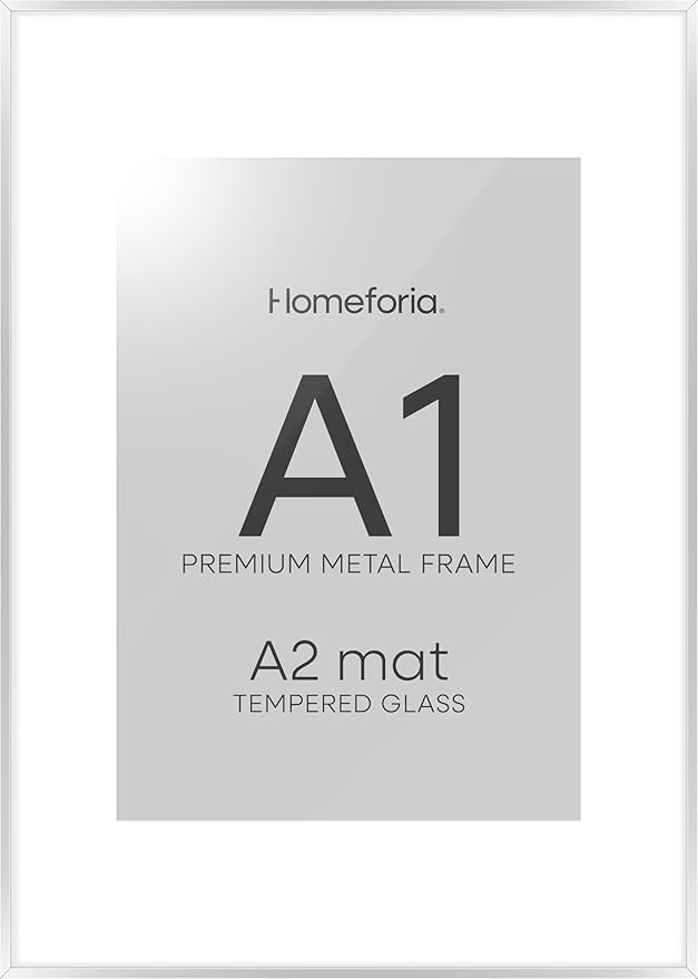 Homeforia A1 Poster Frame Silver, High End Metal A1 Large Picture Frame Silver with Mat A2 for Photo, 23.4x33.1 Frames Matted to 16.5x23.4 Print, 23.4 by 33.1 Frame, Tempered Glass, Wall Kit, Set of 1