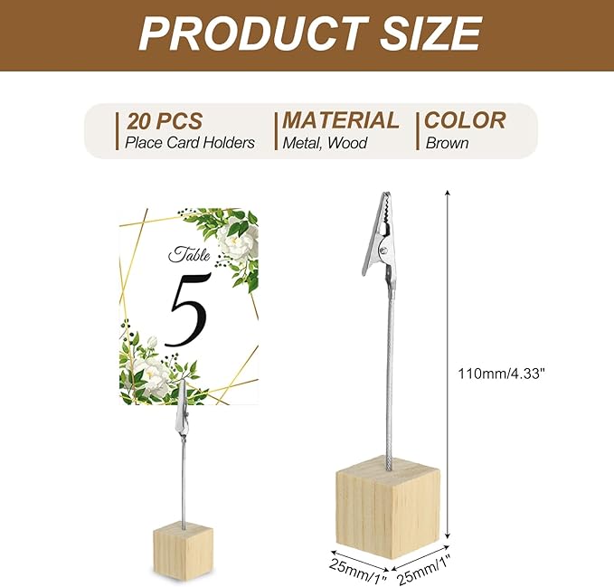 PATIKIL Place Card Holder, 20Pcs Memo Clip Holder Stand with Alligator Clasp Table Number Holders Wooden Base for Pictures Note Card Paper, Brown