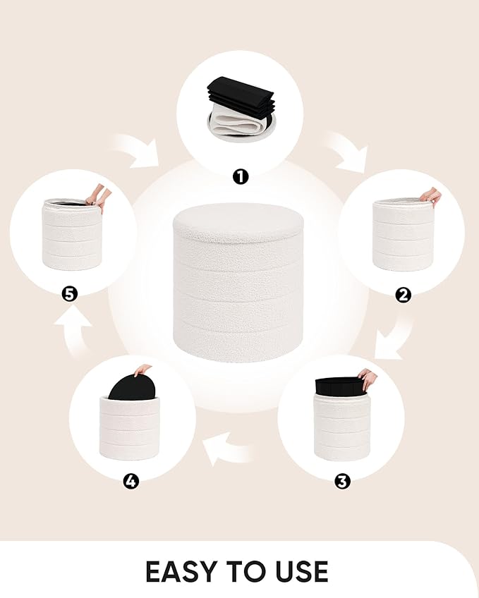 B FSOBEIIALEO Ottoman with Stroage, Round Sherpa Storage Ottoman Stool, Boucle Foot Rest 16.9"x16.9"x17.7"（White