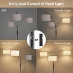 36W LED Arc Floor Lamp with 3 Fabric Shades, 3000LM Super Bright Standing Lamp with Remote Control & Touch, Stepless Dimming, Individual Light Control for Living Room, Bedroom