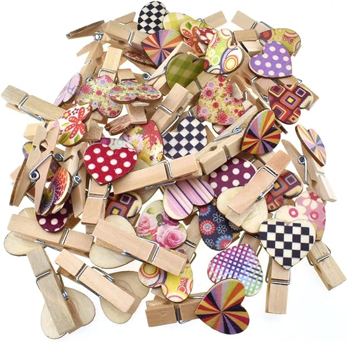 HAHIYO Colorful Painted Mini Wooden Clothespin Clip with Hearts Photo Paper Holders 1.38inch Tight Clamp Not Fray Rope Post Notices Handy Read for Hanging Postcard Wedding 50PCS