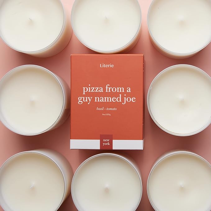 Literie NYC Inspired Scented Candle: Pizza from a Guy Named Joe - Tomato & Basil Scent, 9oz, 50 Hour Burn, Vegan Soy & Coconut Blend Candle for Home Decor, Gift for Women & Men