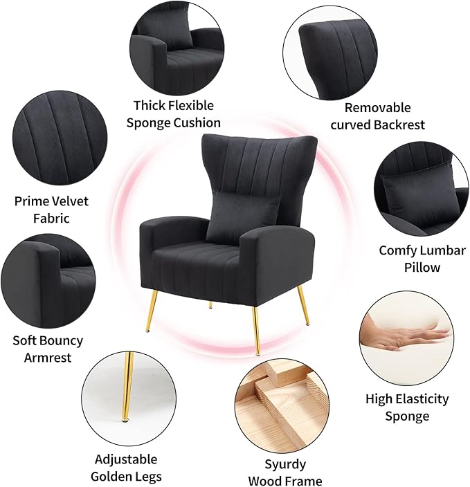 X-VOLSPORT Velvet Accent Chair, Mid Century Modern High Back Living Room Chair with Waist Pillow, Upholstered Arm Chair with Metal Gold Legs for Bedroom, Club, Black
