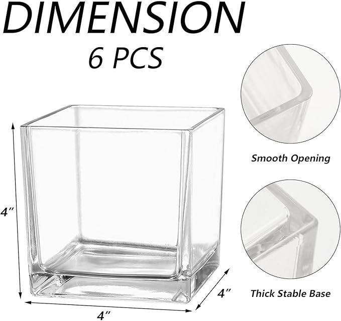 Square Glass Vases Set of 6, 4" x 4" x 4" Square Flower Vases for Centerpieces, Clear Vase for Flowers, Small Vase for Wedding, Party, Home Office Decoration