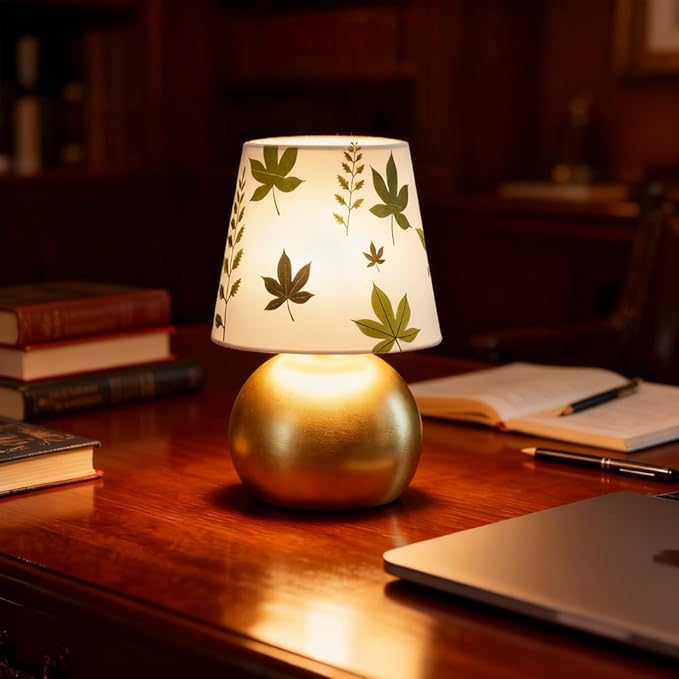 Set of 2 Small Gold Bedside Table Lamp with Maple Leaf Pattern Shade (Bulb Included)