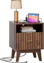 Nightstands with Charging Station, Modern Fluted 2 Drawers End Tables, Side Tables with Storage Shelf for Bedroom, Office, Walnut