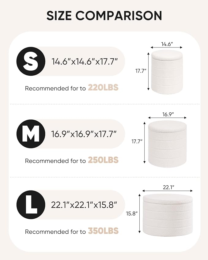 B FSOBEIIALEO Ottoman with Stroage, Round Sherpa Storage Ottoman Stool, Boucle Foot Rest 16.9"x16.9"x17.7"（White