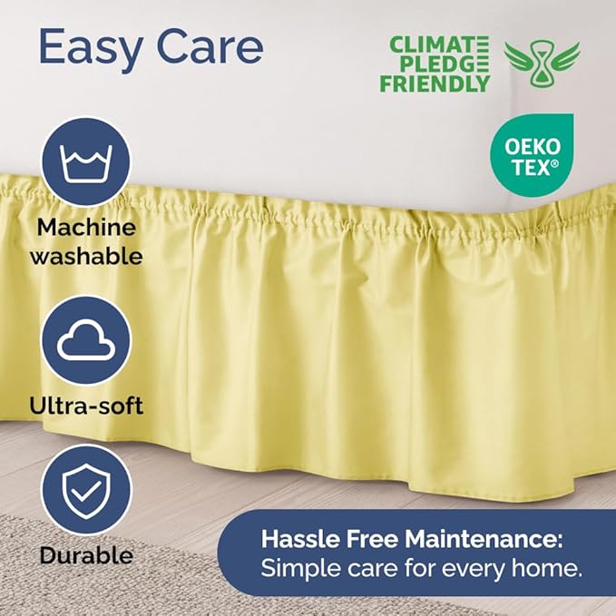 Wrap Around Dust Ruffle Bed Skirt - Yellow - Twin/Twin XL Size Beds with 12 Inch Drop - Easy Fit Elastic Strap - Adjustable Pleated Bedskirt w/Brushed Fabric - Wrinkle Free - Women, Men, Kids & Teens