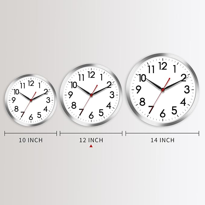 AKCISOT Wall Clock 12 Inch Silent Wall Clocks Battery Operated Non Ticking - Modern Silver Clock Decorative for Kitchen, Bathroom, Bedroom, Living Room, Office, Home