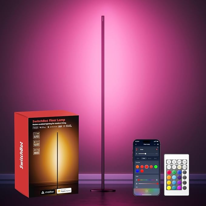 SwitchBot Floor Lamp with Matter, RGB, Warm Cool White, Corner Floor Lamp Compatible with Apple Home, Alexa, Google Home, 1200lm, Music Sync, Scene Modes, 16 Million Colors for Living Room Bedroom