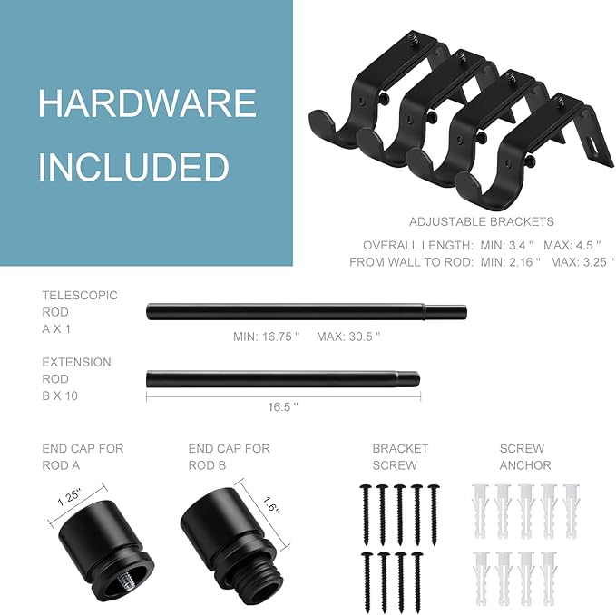 Curtain Rods for Windows 16 to 170 Inches Adjustable Length 1 Inch Diameter Window Curtain Rod with Aluminium Finials, Black