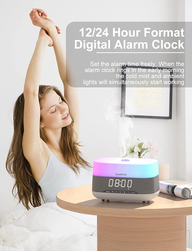 Versatile Essential Oil Diffuser, 300ml Aroma Diffuser with Bluetooth Speaker and Alarm Clock, 7 Colors LED Light Aromatherapy Diffusers & Cool Mist Humidifier 3-Level Brightness, Auto-Off Protection