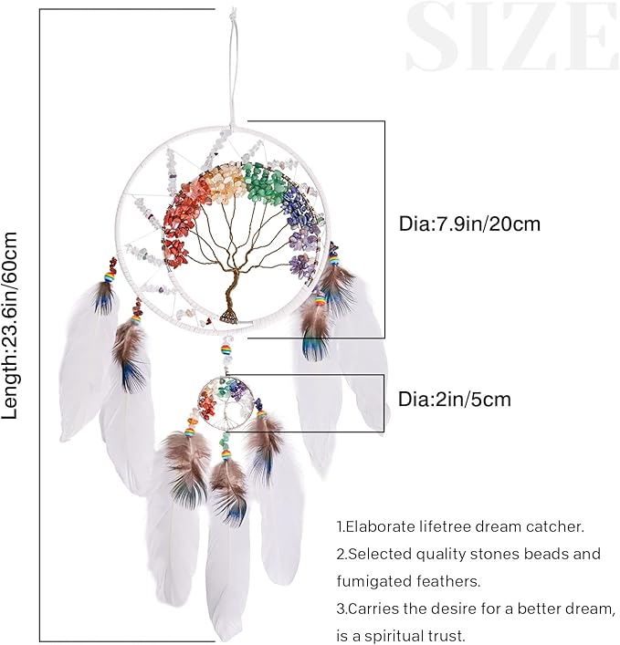 7 Chakras White Tree of Life Dream Catchers Wall Decor with Rainbow Healing Crystal Stone Handmade Art Feather Dreamcatcher Wall Hanging Ornament for Bedroom Decor Blessing Gift Wedding Party-23.6"