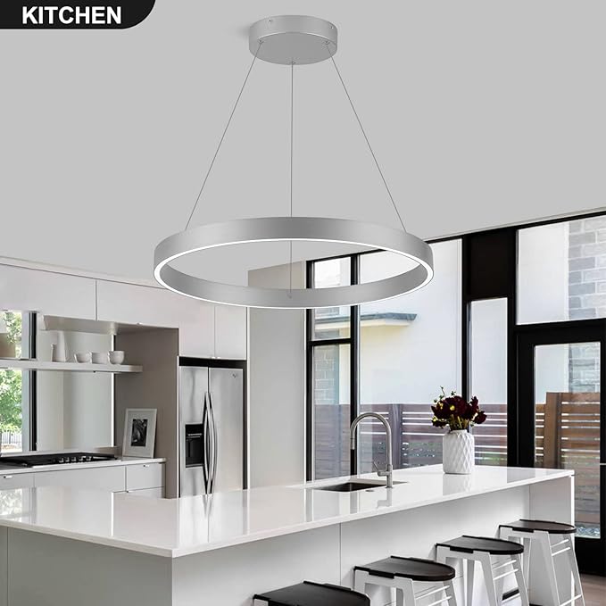 Room Decor Modern LED Chandelier 23.62'' Dimmable 1-Ring Chandelier 76W Circular Pendant Light for Dining Room Kitchen Island Bedroom, 6000K, Silver UL Listed