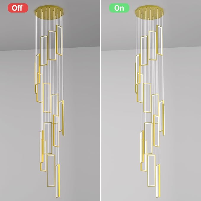 Modern Adjustable Height Pendant Light Fixture Gold 288W LED Pendant Lights 16 Rings Rectangular Chandelier Staircase Large Chandelier Lobby Living Room Foyer High Ceiling Chandeliers