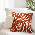 Alysheer Farmhouse Floral Leaves Embroidered Decorative Throw Pillow Cover 18x18 inches, Boho Tufted Flowers Embroidery Pattern Chic Cotton Cushion Case for Couch Bed Sofa Living Room(Burnt Orange)