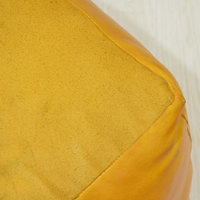 PF12 Square Goat Leather Handmade Eco-Friendly Mustard Pouf - 18" x 18" x 18", Plain Solid, Recycled Foam with Fibre Fill Stuffed