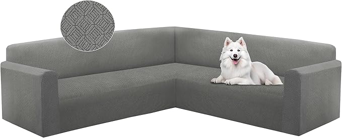 HDCAXKJ Sectional Couch Cover L Shape Stretch Sofa Covers Washable Jacquard Corner Couch Slipcover Non Slip Sectional Slip Cover U Shaped Furniture Protector for Pets Dogs (Light Grey, X-Large)