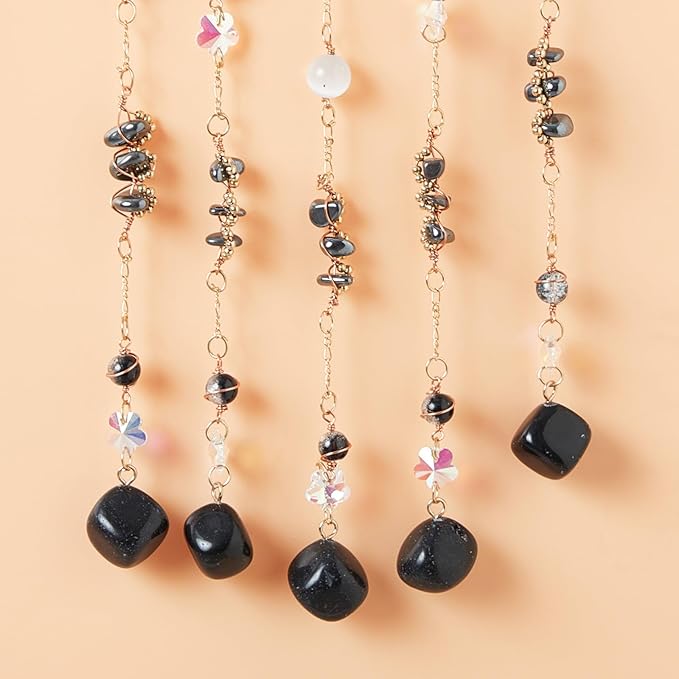 Black Gemstone Dream Catcher 7 Chakras Tree of Life Moon Dream Catcher with Healing Crystal Square Stones Handmade Dreamcatcher Wall Decor for Adults Boys Girls,Bedroom,Wedding,Garden,Bless Gift