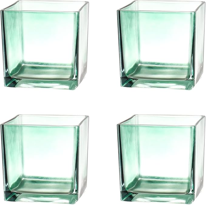 Square Glass Vases Set of 4, 4"x 4"x 4" Flower Vases for Centerpieces, Green Glass Vase for Flowers, Small Vase for Wedding, Party, Home Office Decoration