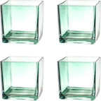 Square Glass Vases Set of 4, 4"x 4"x 4" Flower Vases for Centerpieces, Green Glass Vase for Flowers, Small Vase for Wedding, Party, Home Office Decoration